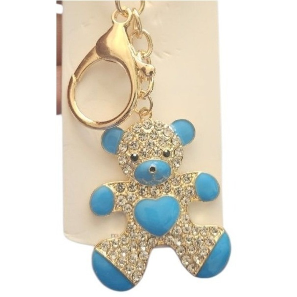 Blue Rhinestone Teddy Bear Keychain Charm Bling Gold Tone Purse Bag Decor